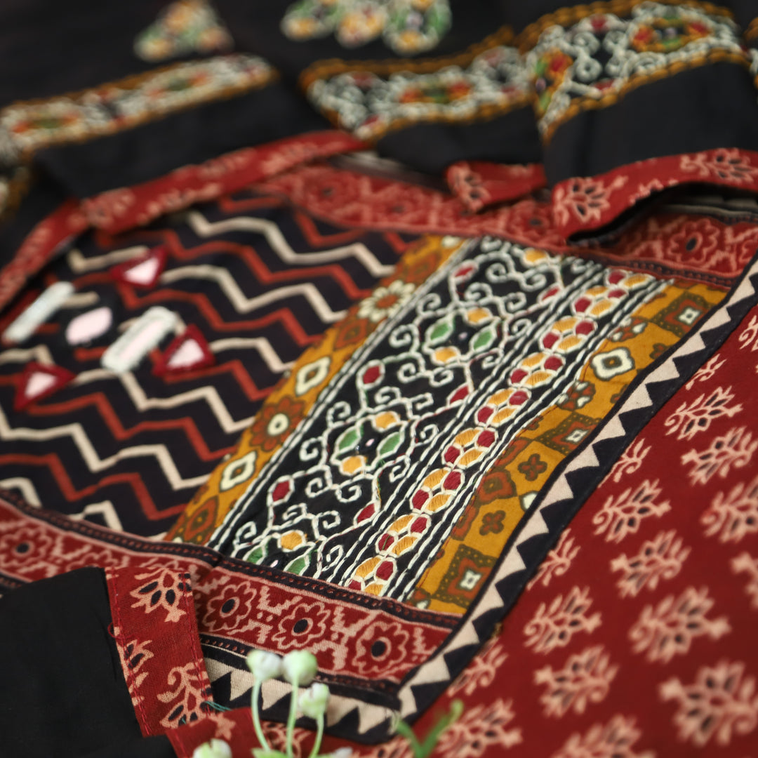 Sundri Cherry Red Kutch Patch with Mirror Work Zig-Zag Yoke Printed Cotton Suit Set