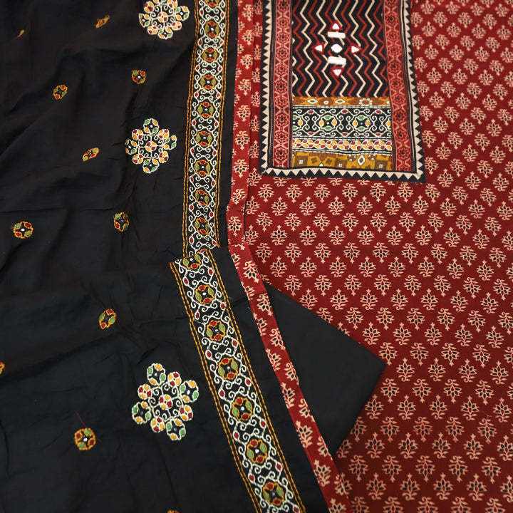 Sundri Cherry Red Kutch Patch with Mirror Work Zig-Zag Yoke Printed Cotton Suit Set