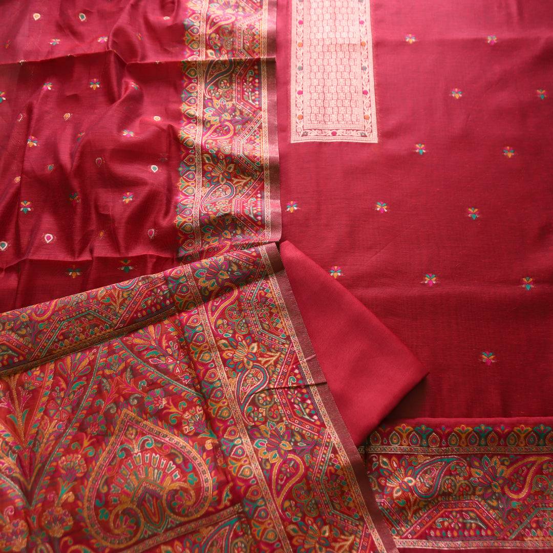 Hamsafar Cherry Red  Thread with Zari Authentic Jamdani Weaved Hem Suit Set
