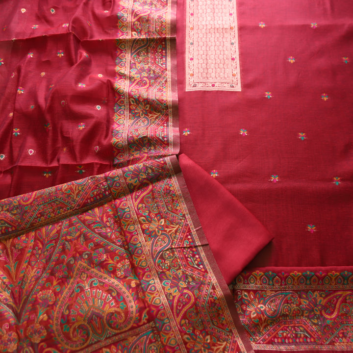 Hamsafar Cherry Red  Thread with Zari Authentic Jamdani Weaved Hem Suit Set