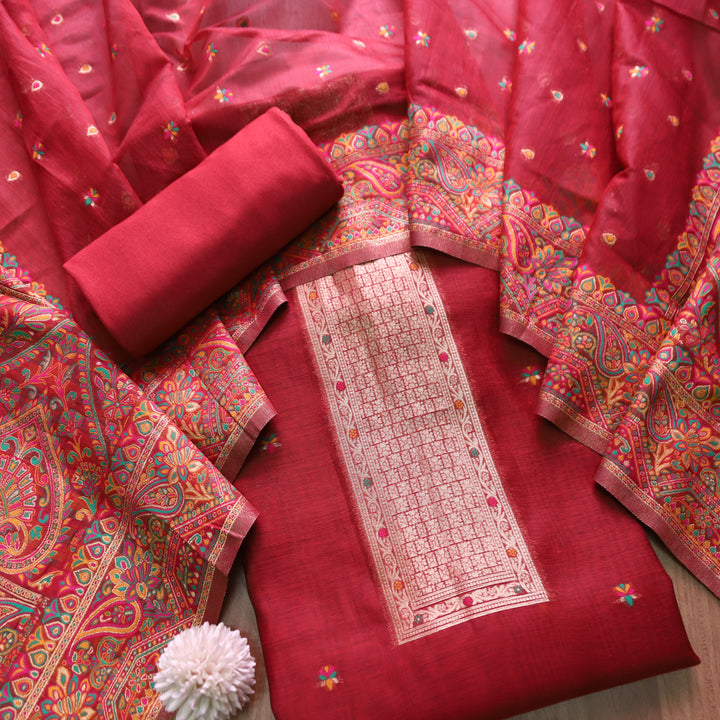 Hamsafar Cherry Red  Thread with Zari Authentic Jamdani Weaved Hem Suit Set