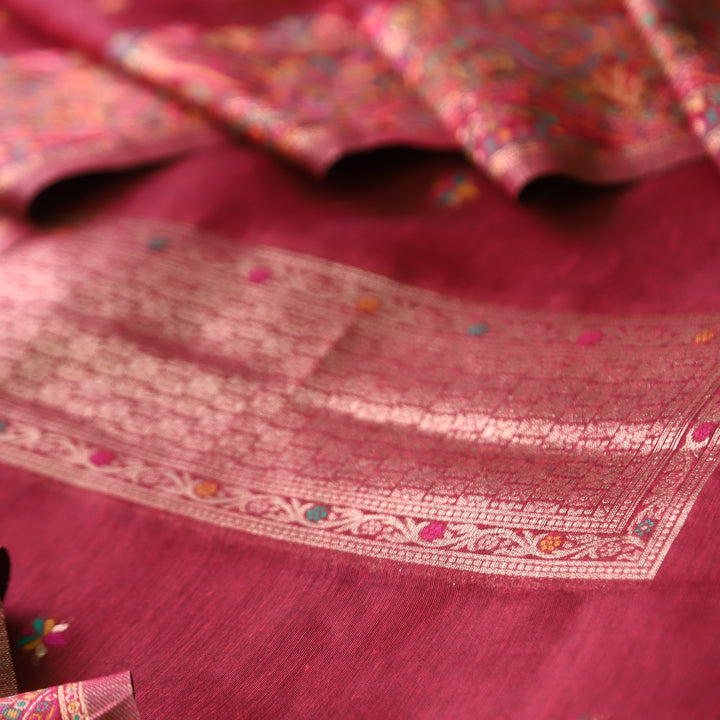 Hamsafar Cherry Red  Thread with Zari Authentic Jamdani Weaved Hem Suit Set