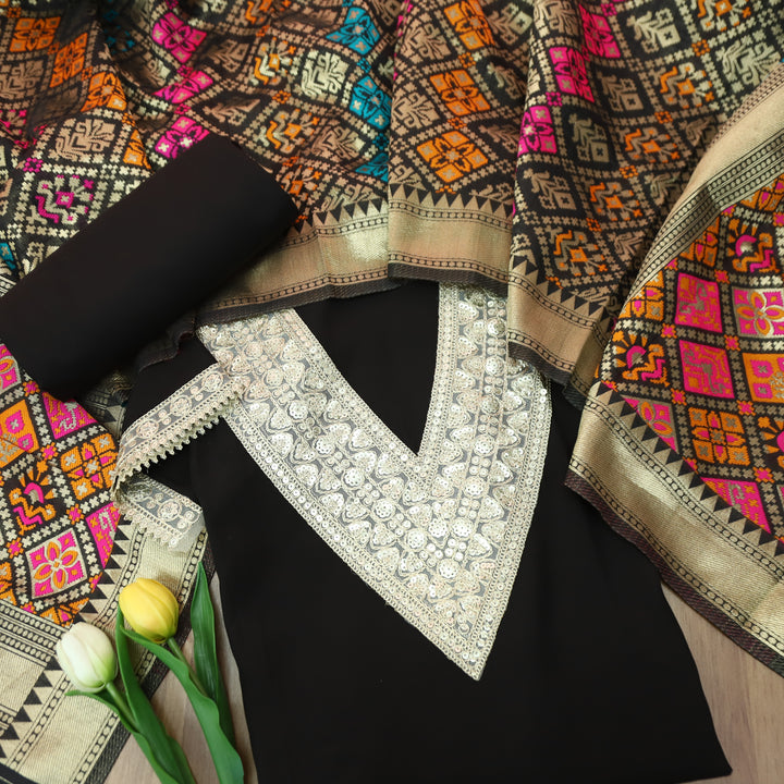 Aparna Dark Black V Neck with Embellish Neck Lace Work Roman Silk Suit Set