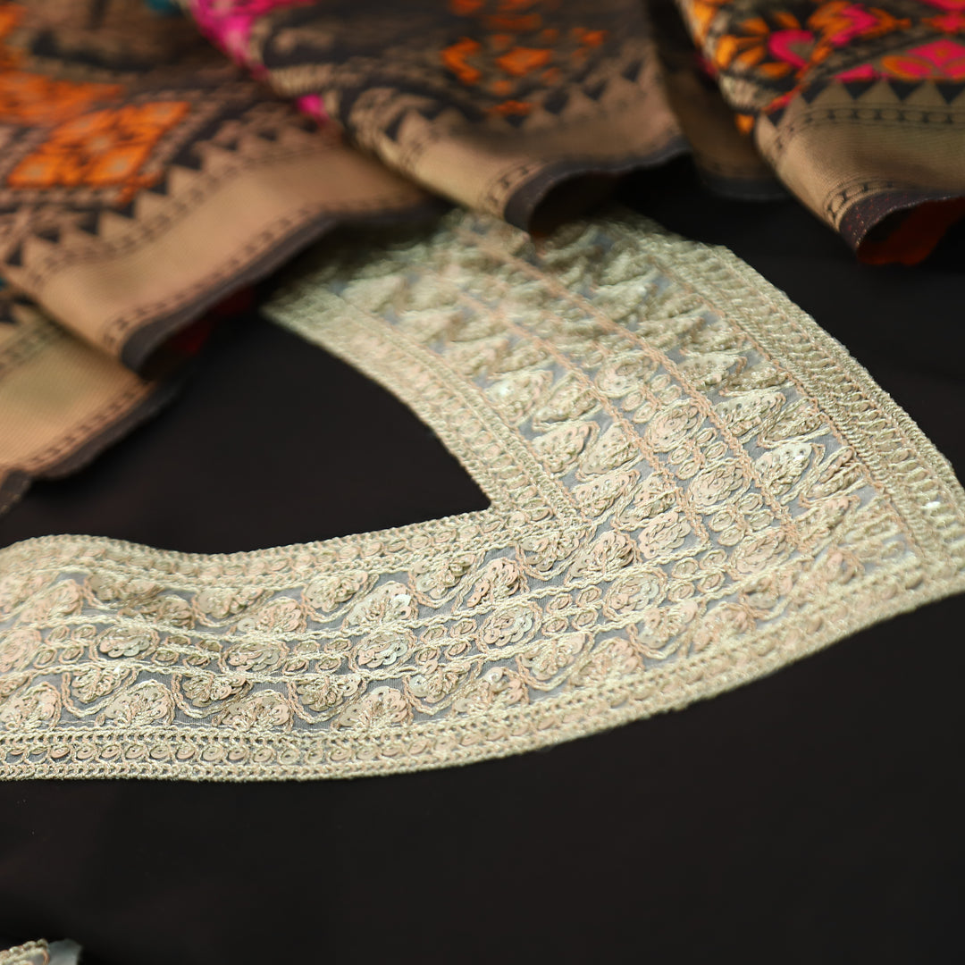 Aparna Dark Black V Neck with Embellish Neck Lace Work Roman Silk Suit Set