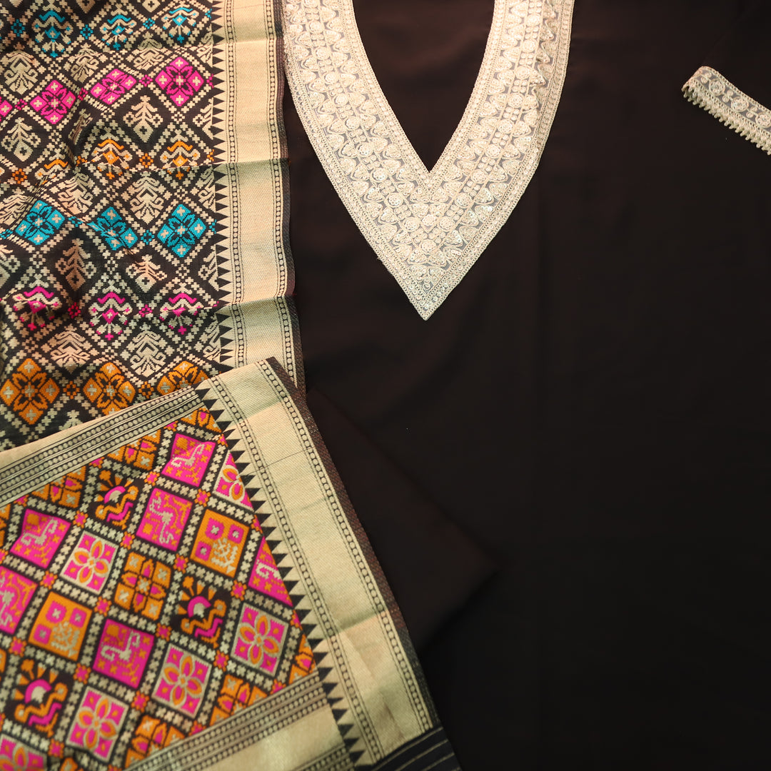 Aparna Dark Black V Neck with Embellish Neck Lace Work Roman Silk Suit Set