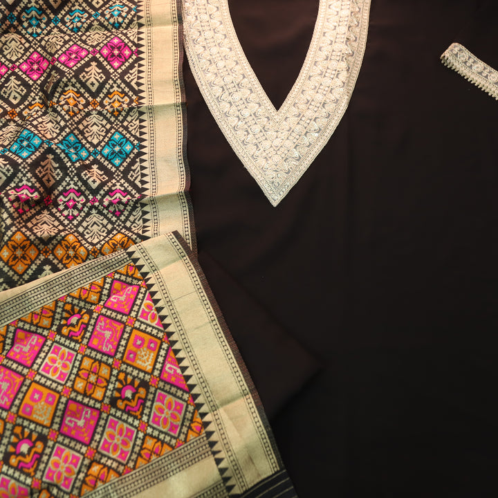 Aparna Dark Black V Neck with Embellish Neck Lace Work Roman Silk Suit Set