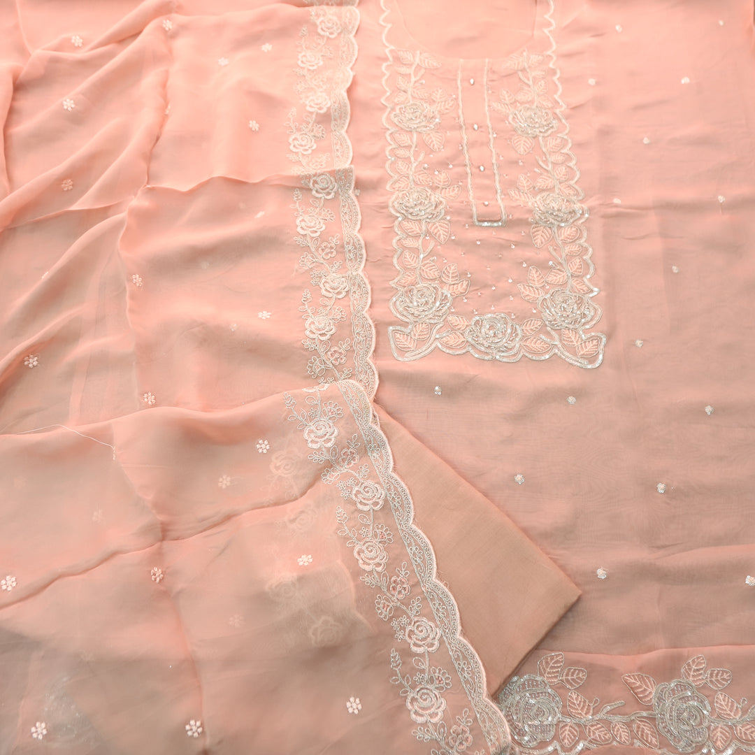 Rooh Soft Peach Embellished Neckline with Thread Work Organza Suit Set