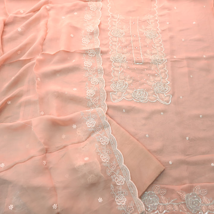 Rooh Soft Peach Embellished Neckline with Thread Work Organza Suit Set