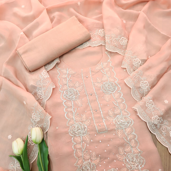 Rooh Soft Peach Embellished Neckline with Thread Work Organza Suit Set