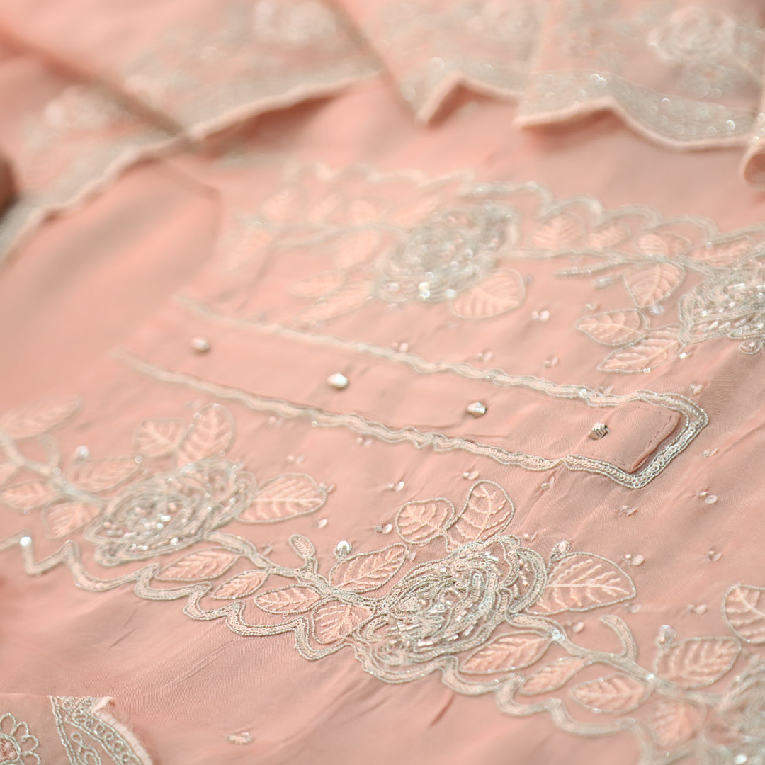 Rooh Soft Peach Embellished Neckline with Thread Work Organza Suit Set
