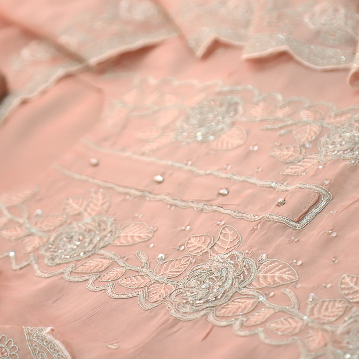 Rooh Soft Peach Embellished Neckline with Thread Work Organza Suit Set