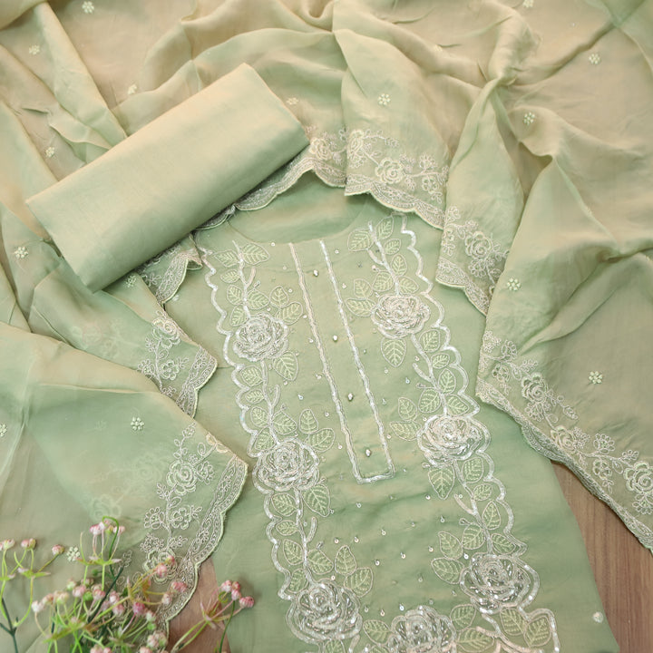 Rooh Sage Green Embellished Neckline with Thread Work Organza Suit Set