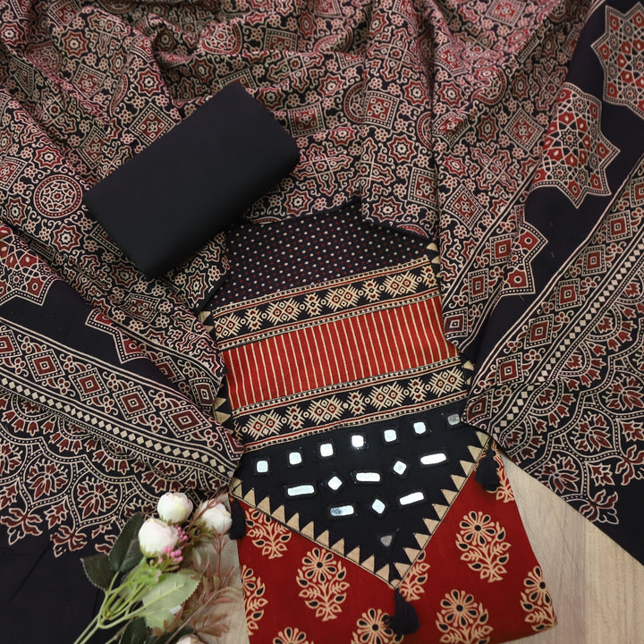 Rushna Maroon Red with Black Kutch Patch and Mirror in Ajrak Print Cotton Set