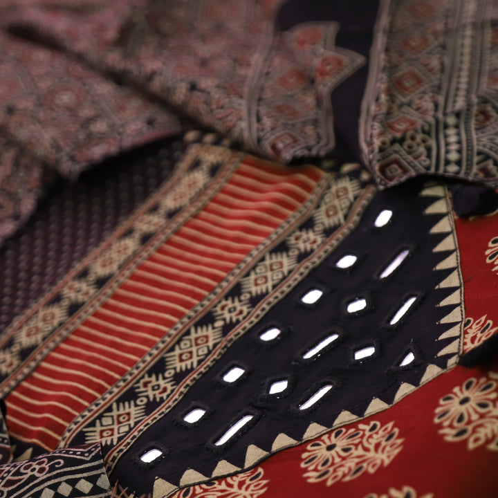 Rushna Maroon Red with Black Kutch Patch and Mirror in Ajrak Print Cotton Set