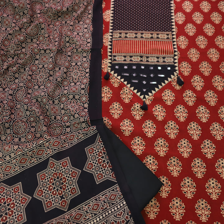 Rushna Maroon Red with Black Kutch Patch and Mirror in Ajrak Print Cotton Set
