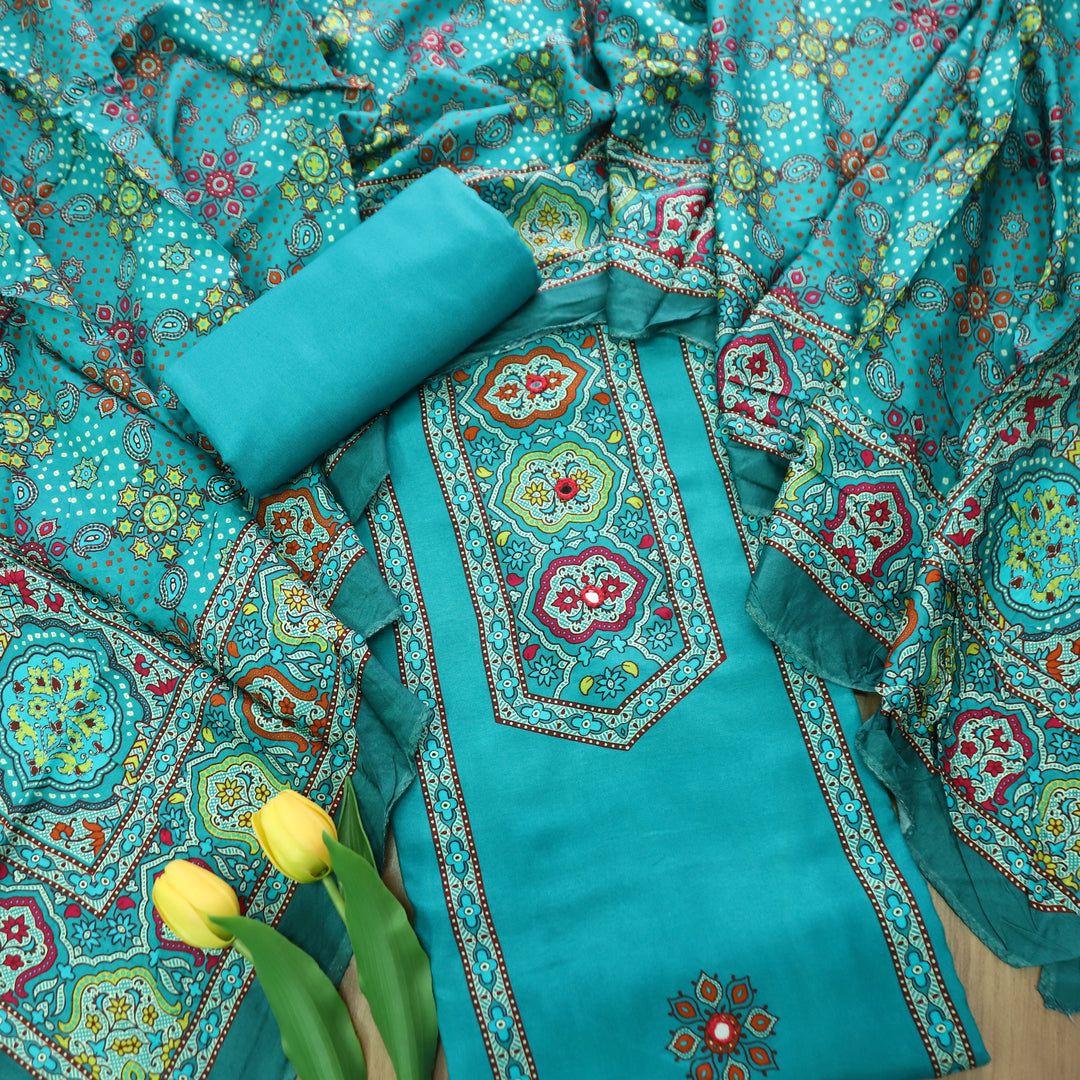 Roop Cyan Turquoise with Digital Printed Yoke with Mirror Work Art Muslin Suit Set