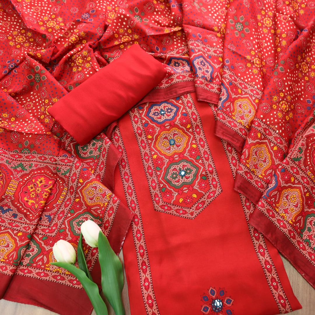 Roop Coral Blush Red with Digital Printed Yoke with Mirror Work Art Muslin Suit Set
