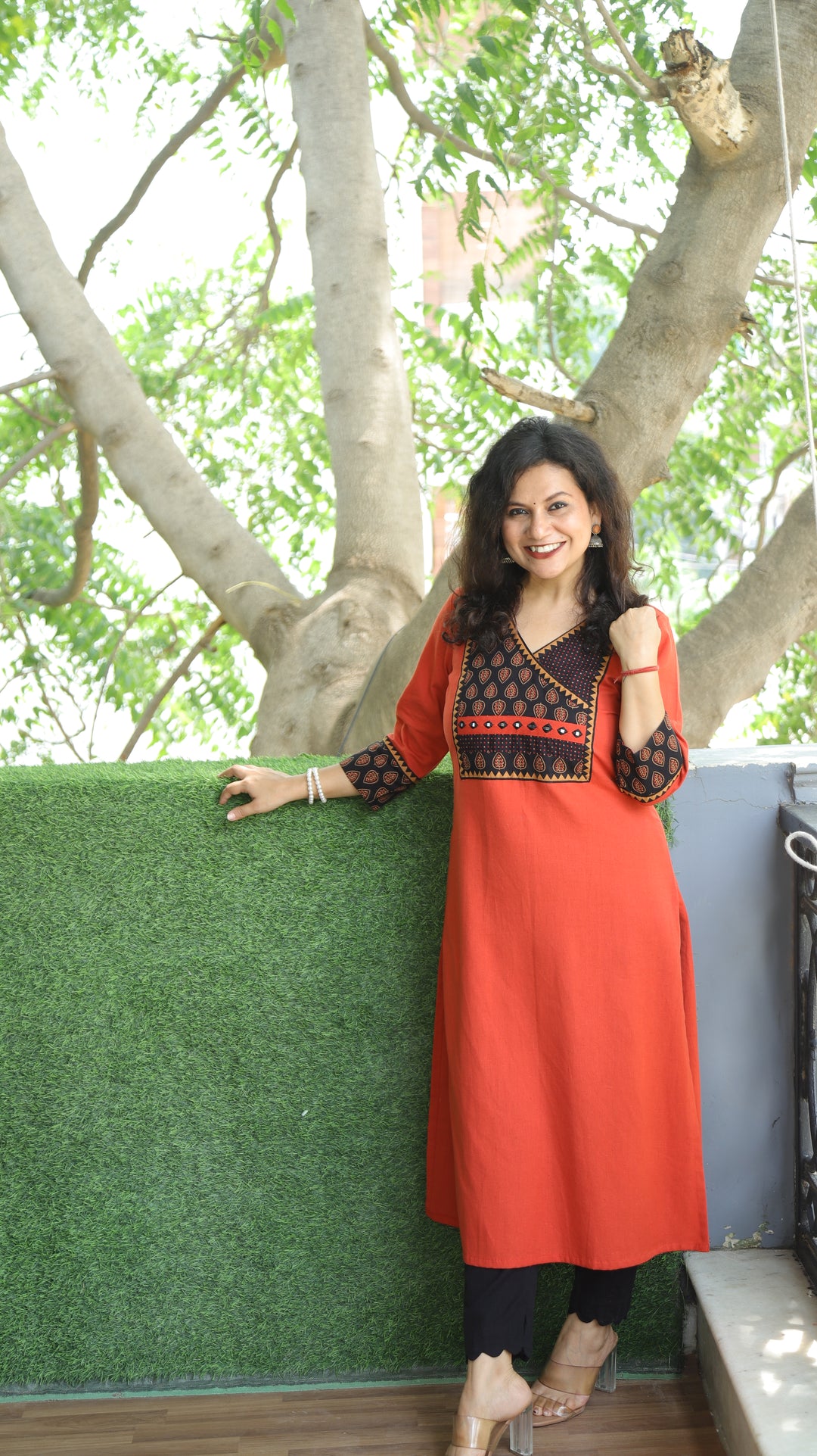 Dua Pumpkin Rust Ajrak Print Yoke with MIrror on Angrakha Style Neck Cotton Kurti