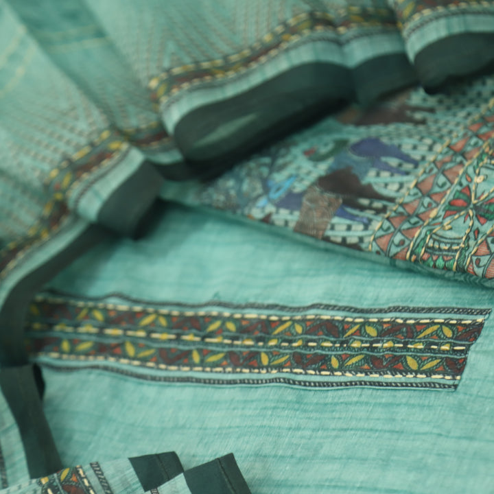 Kohinoor Ocean Blue Digital Print Kantha Work Chanderi Suit Set