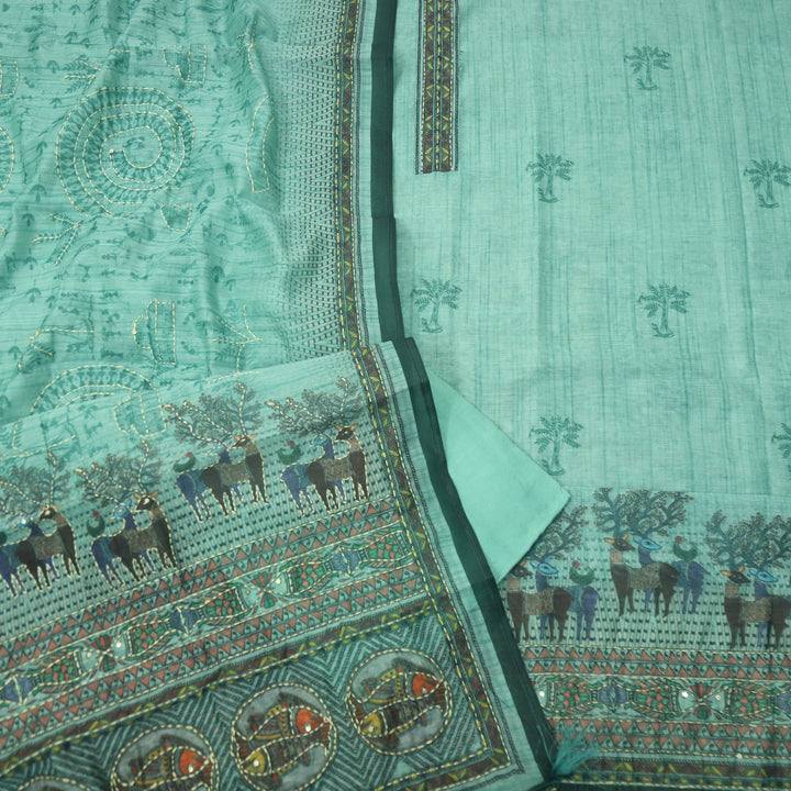 Kohinoor Ocean Blue Digital Print Kantha Work Chanderi Suit Set