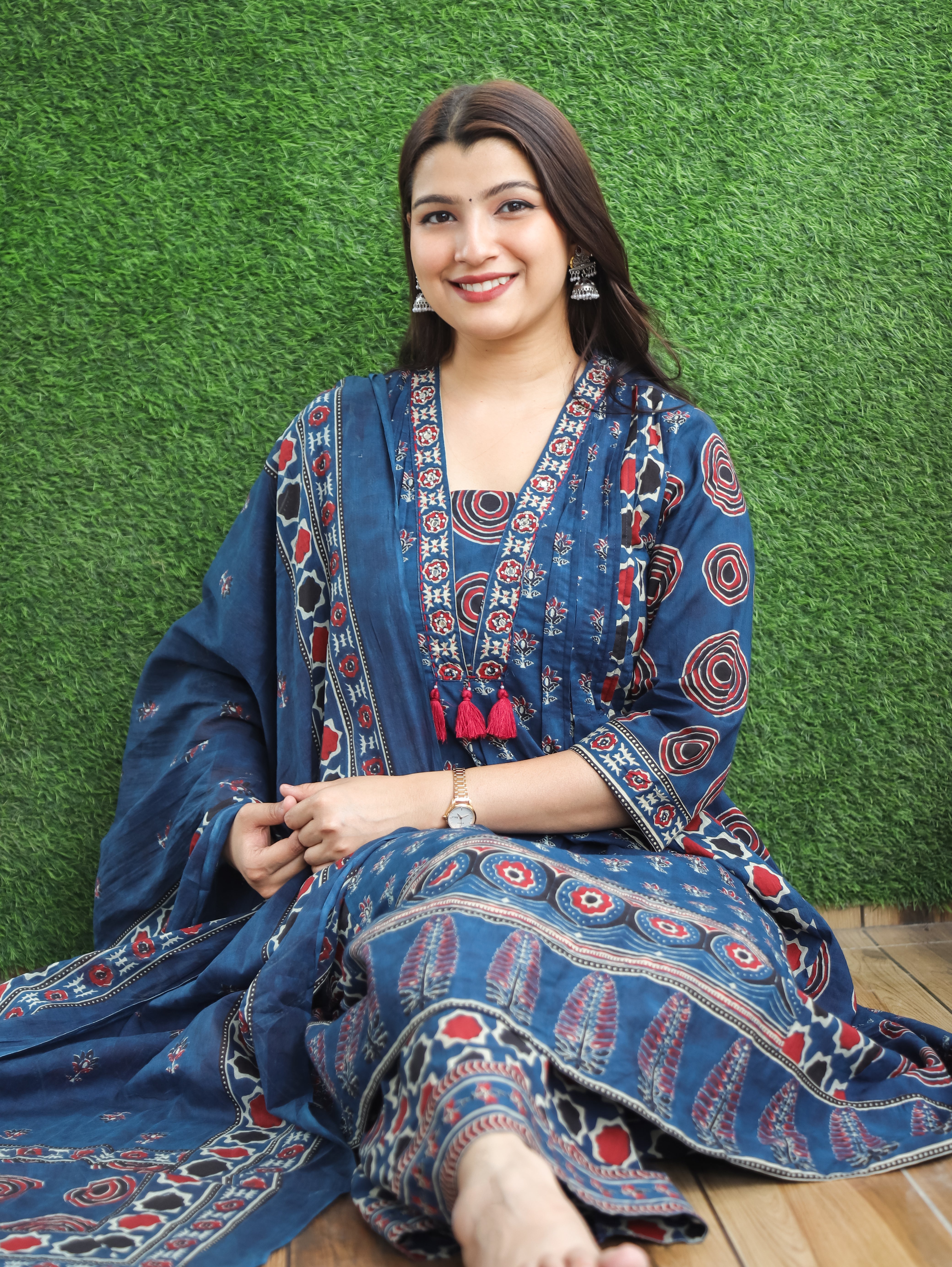 blue ajrak dress Midnight Blue Maroon Ivory Ajrak Dress With Gathers And Mandarin Colla –  InduBindu