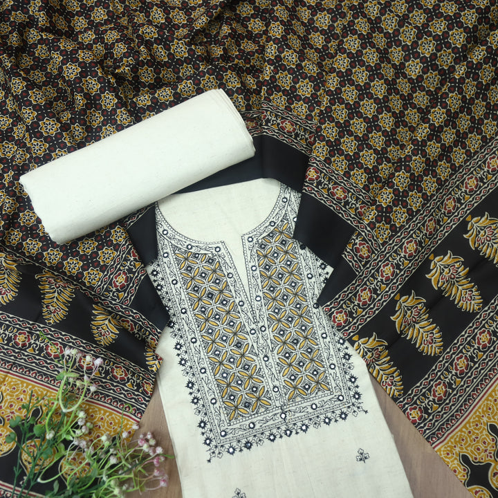 Nazariya Shell White with Black Thread Embroidery With Patra Cotton Suit Set