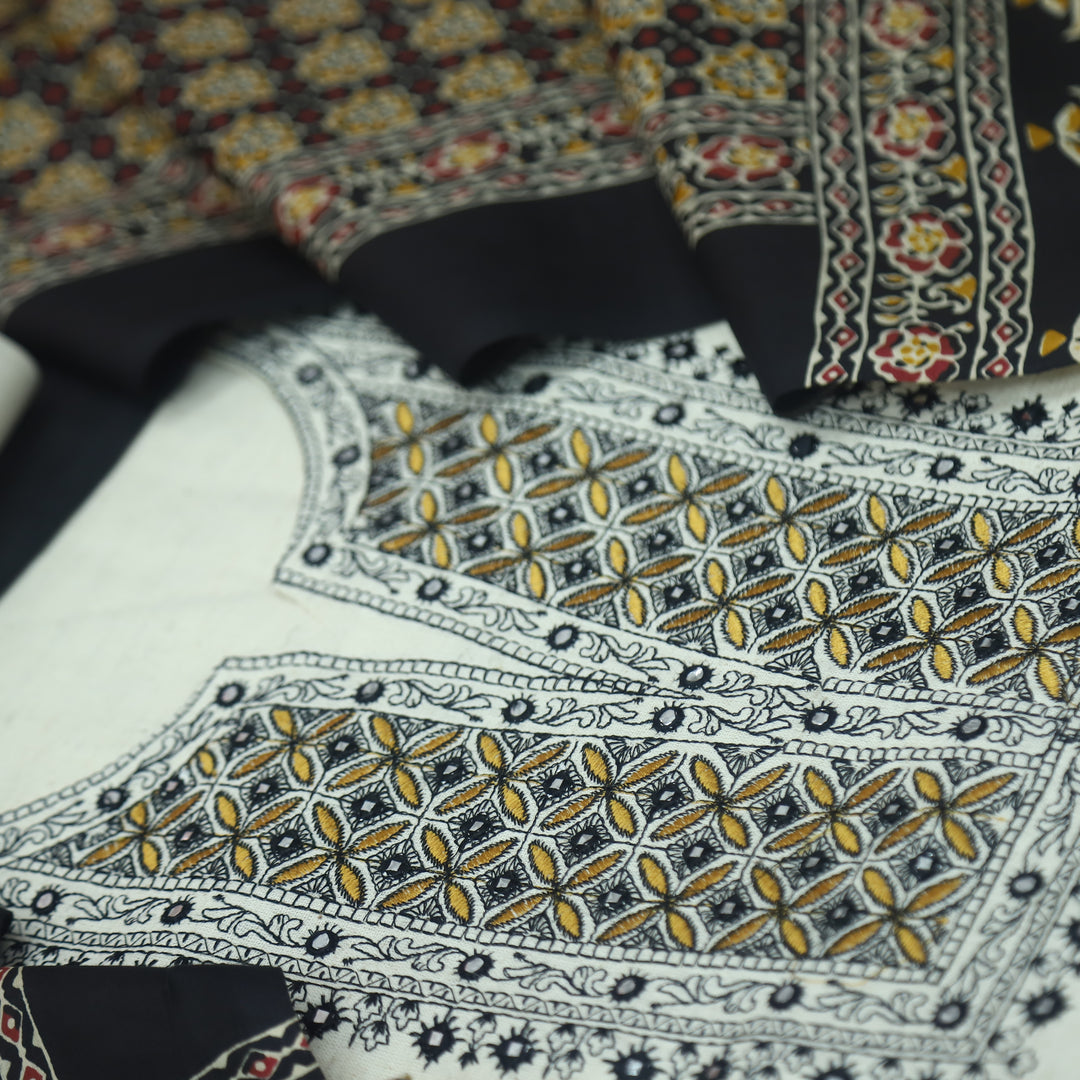 Nazariya Shell White with Black Thread Embroidery With Patra Cotton Suit Set