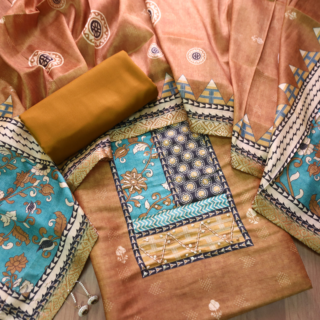 Alebli Peanut Brown Digital Printed Yoke with French Knot Work Art Chanderi Set