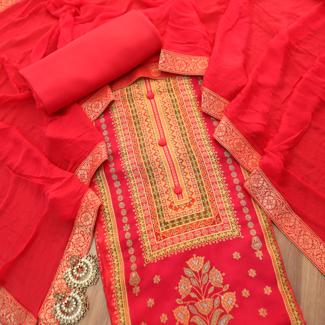 Musavvir Hot Rani Pink Button Neck with All Over Zari Weaved and Hem Dola Silk Suit Set