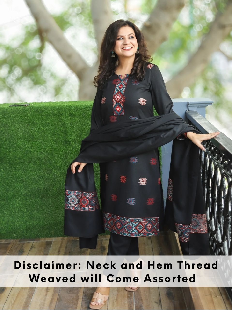 शैलजा Oil Black Round Neck Kullu Thread Weaved Semi Pashmina Winter 3 Piece Set