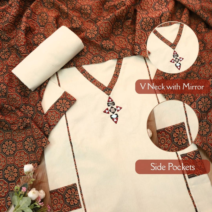 Srinagar Beige Unique Panel and Pocket style cotton set