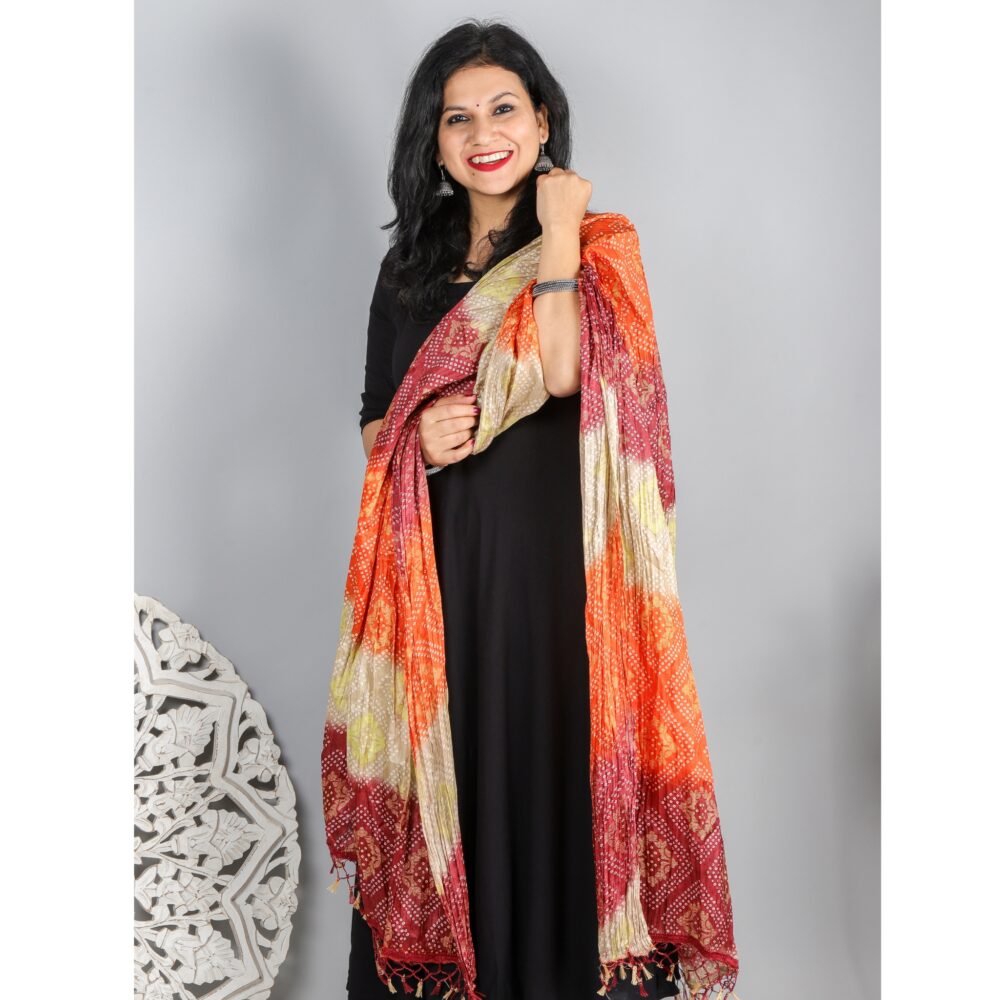 Orange Maroon Bandhani Art silk dupatta