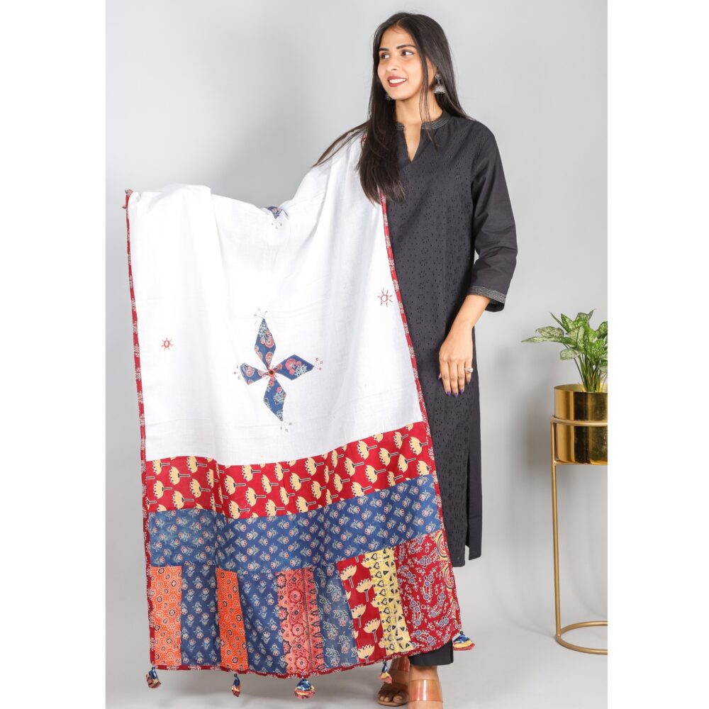 White Cotton with Colorful Ajrak Patch Work Dupatta-5