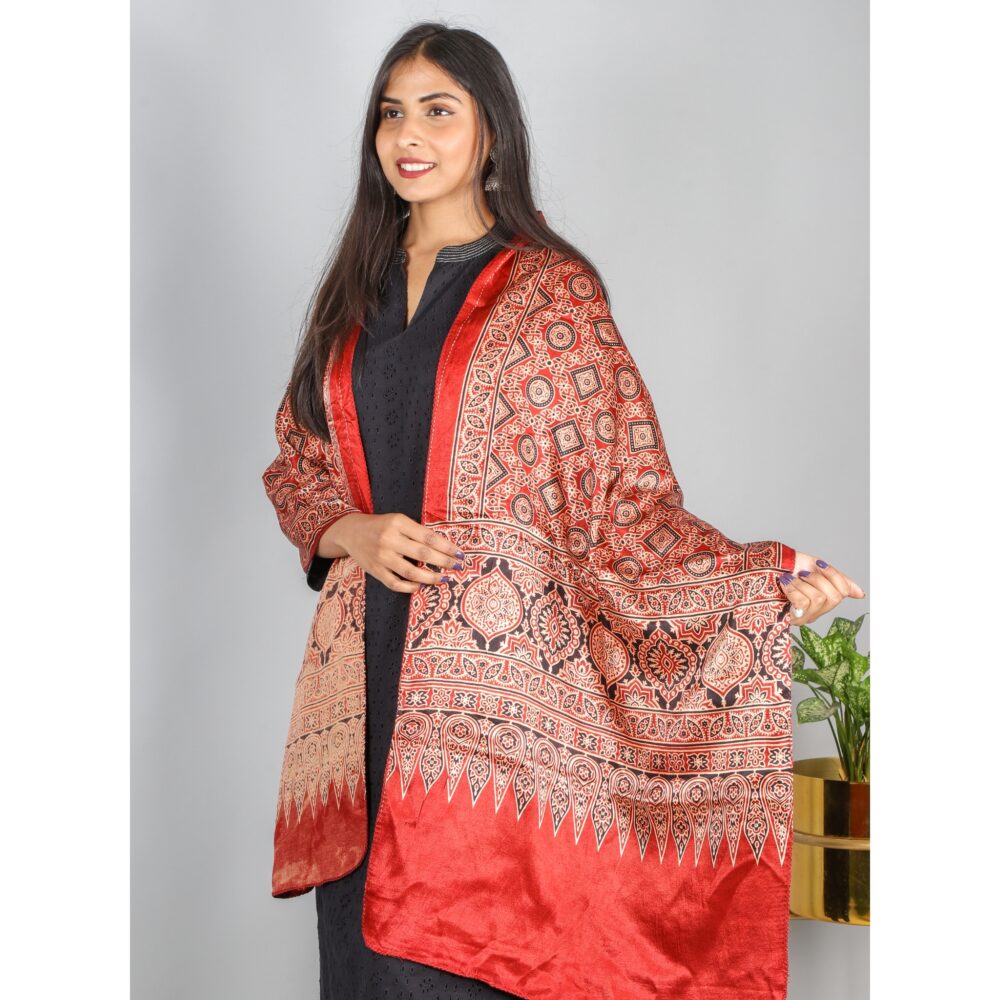 Red Ajrak Printed Mashru Stole dupatta