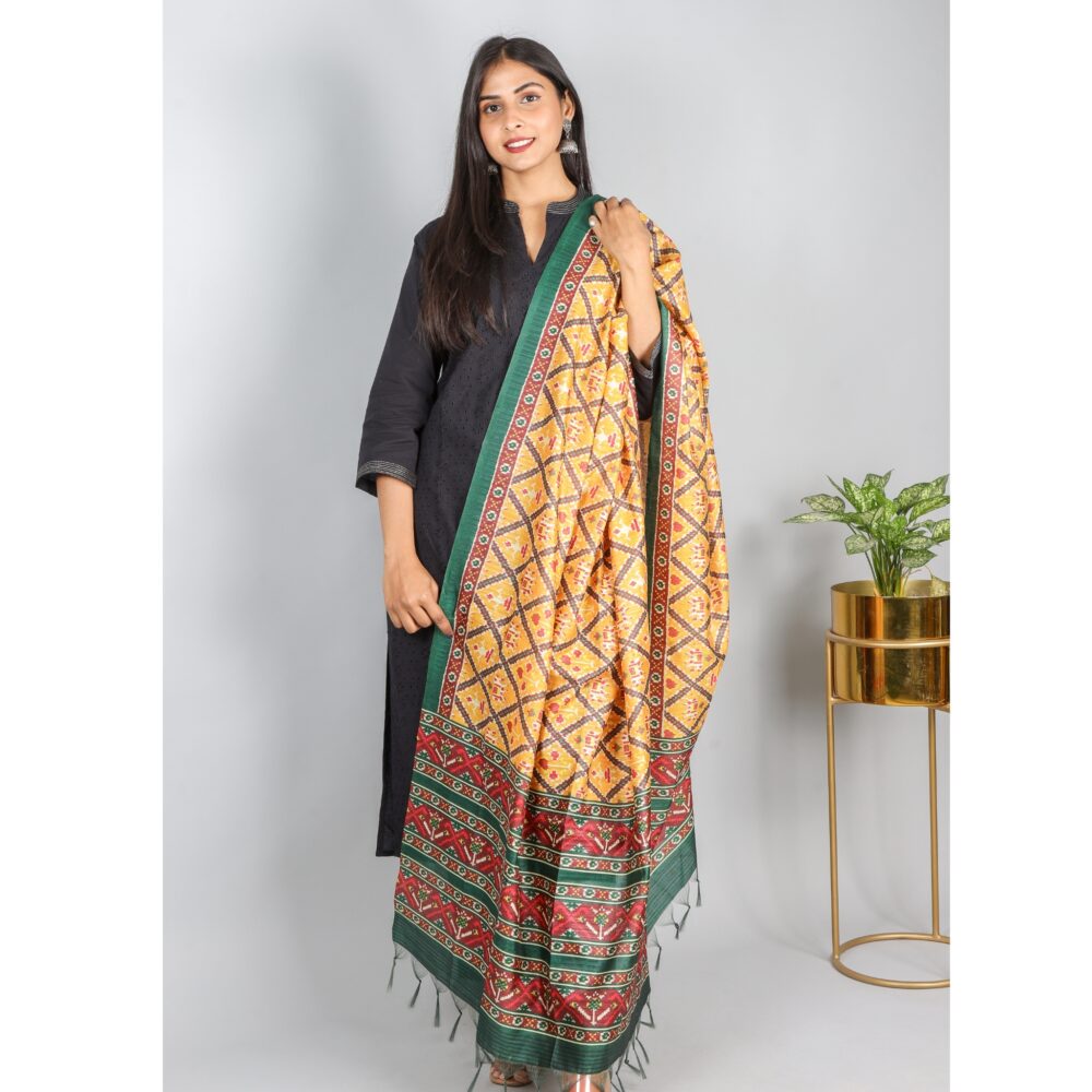 Yellow Art Tussar Chanderi Patola Printed Dupatta
