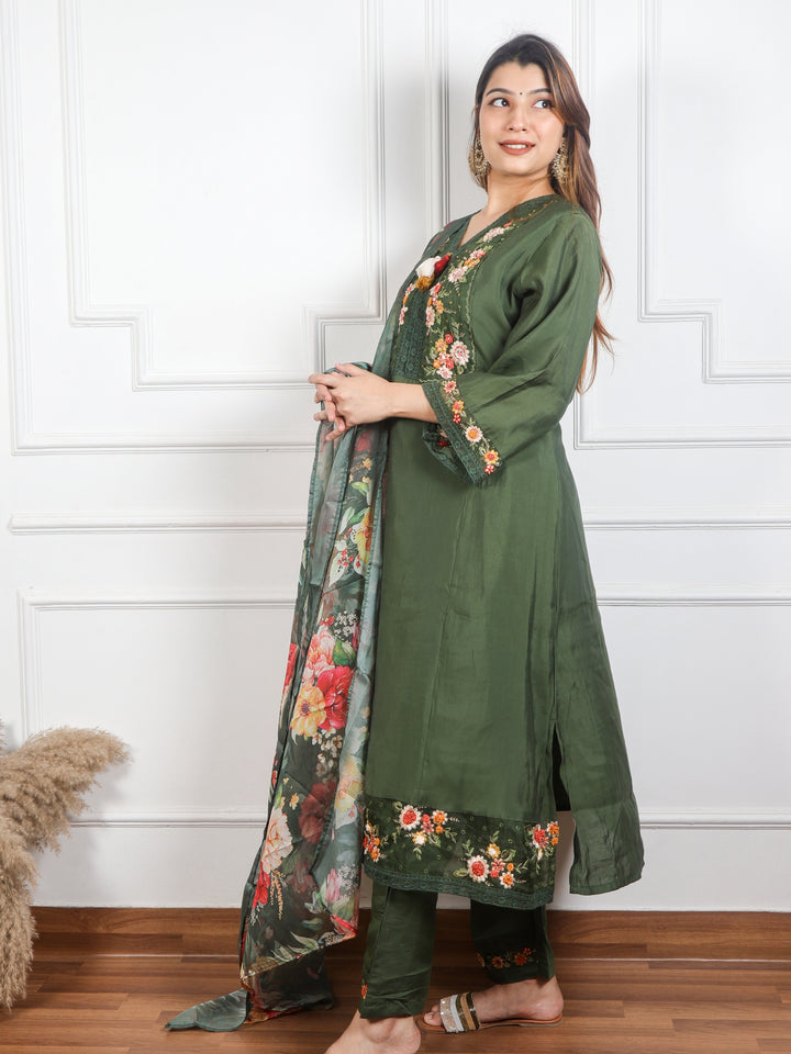 Rayshami Forest Green Embroidered Rayon Crepe Top with Organza Dupatta 3 Piece Set