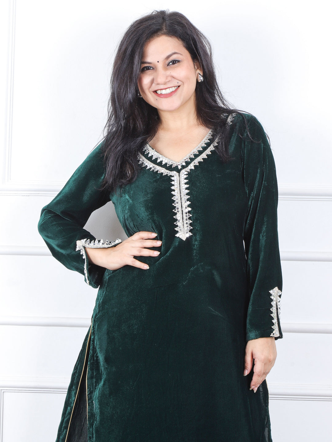 सजना Sacramento Green Lace Neck Work Velvet Winter Kurti-D1