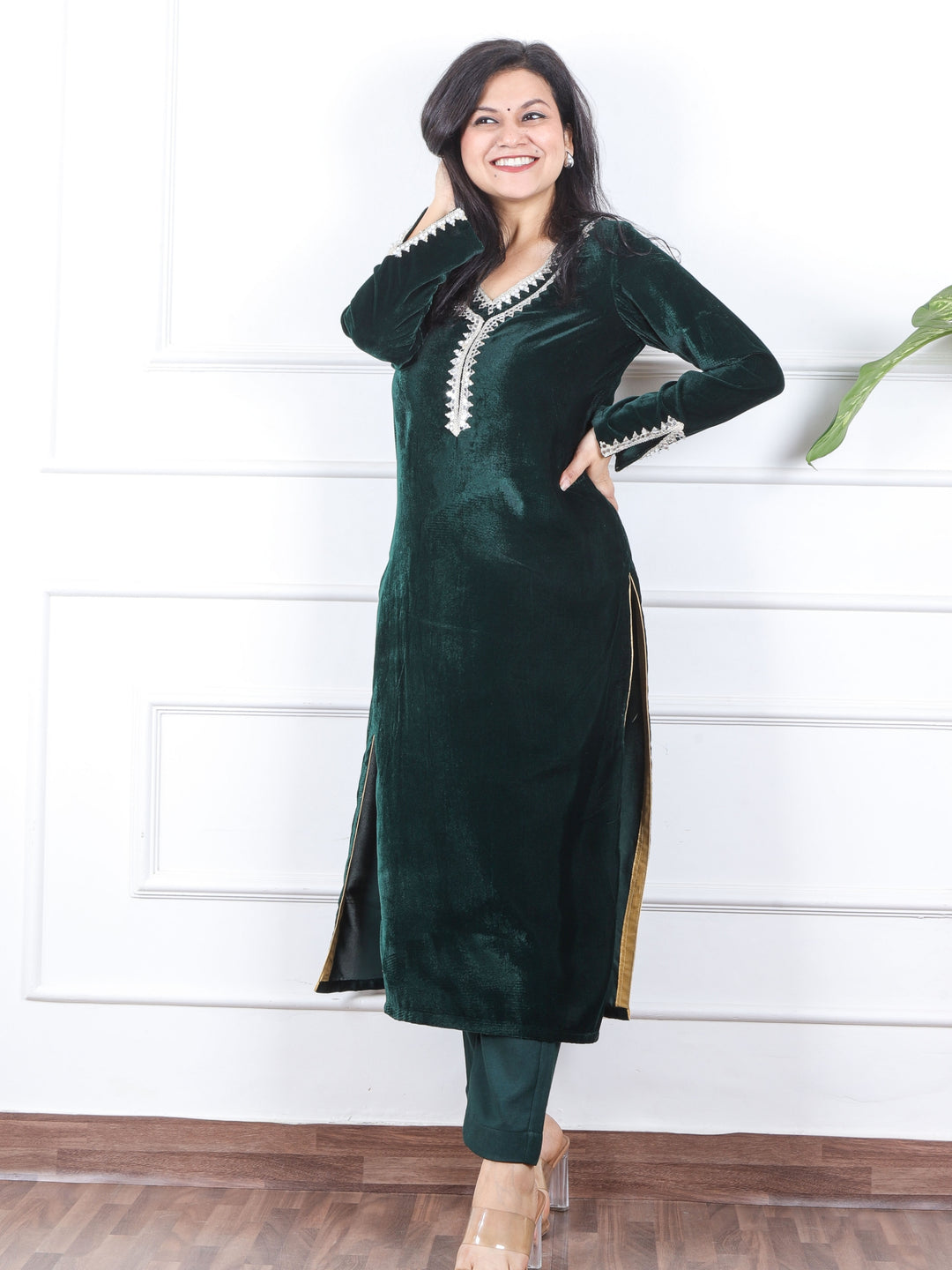 सजना Sacramento Green Lace Neck Work Velvet Winter Kurti-D1