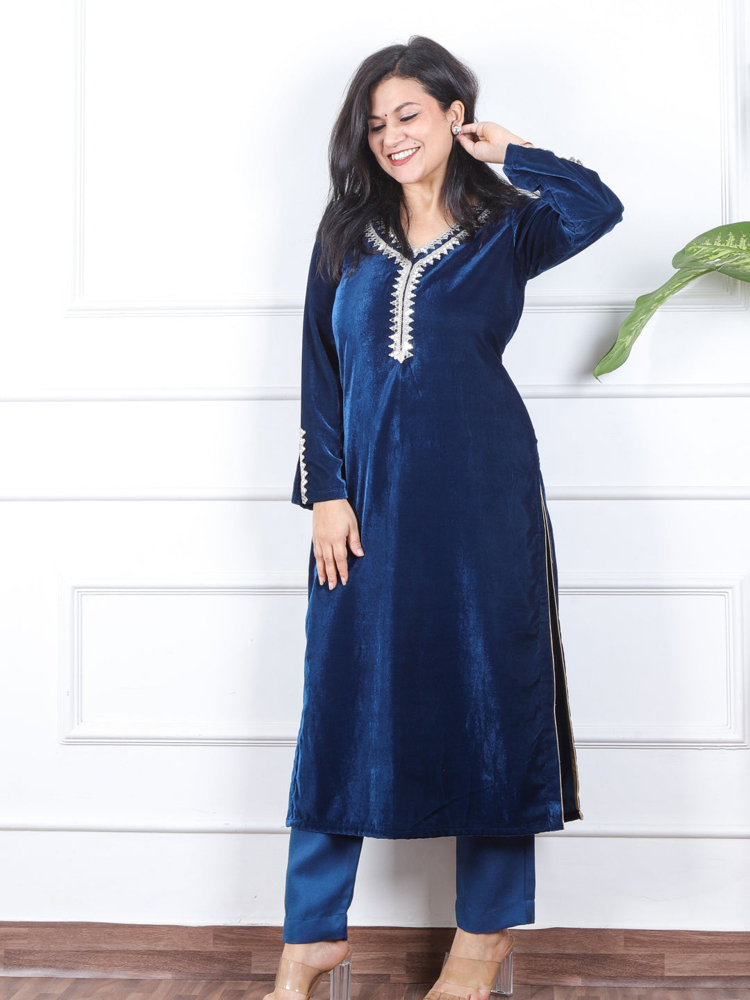 सजना Royal Blue Lace Neck Work Velvet Winter Kurti-D1