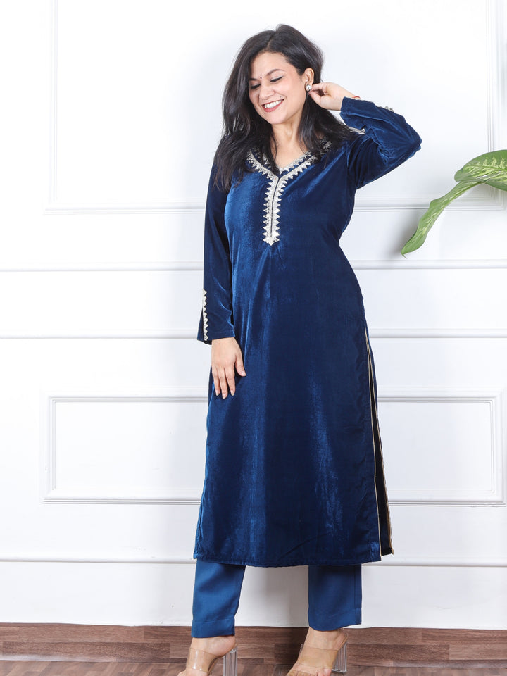 सजना Royal Blue Lace Neck Work Velvet Winter Kurti-D1