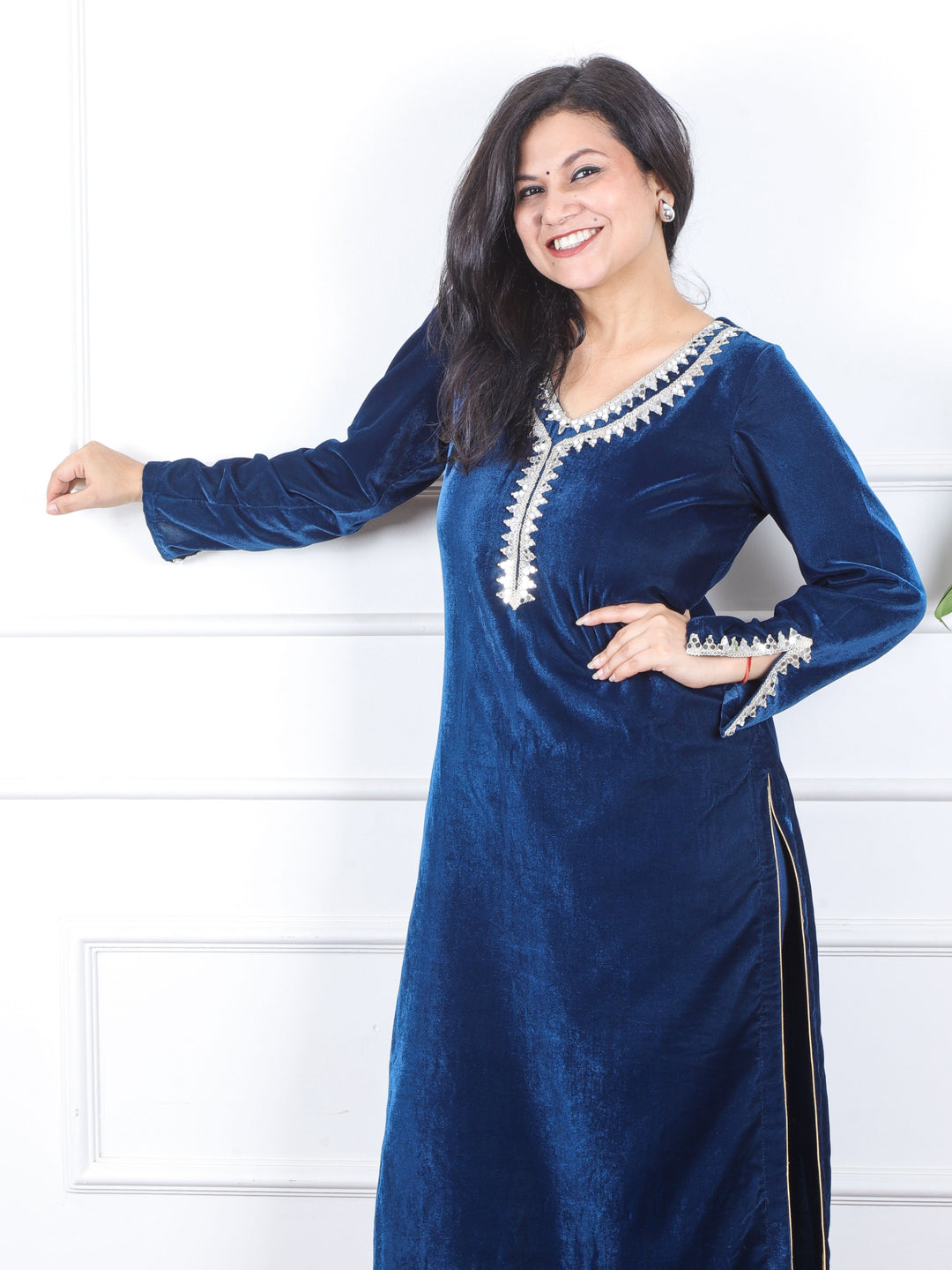 सजना Royal Blue Lace Neck Work Velvet Winter Kurti-D1