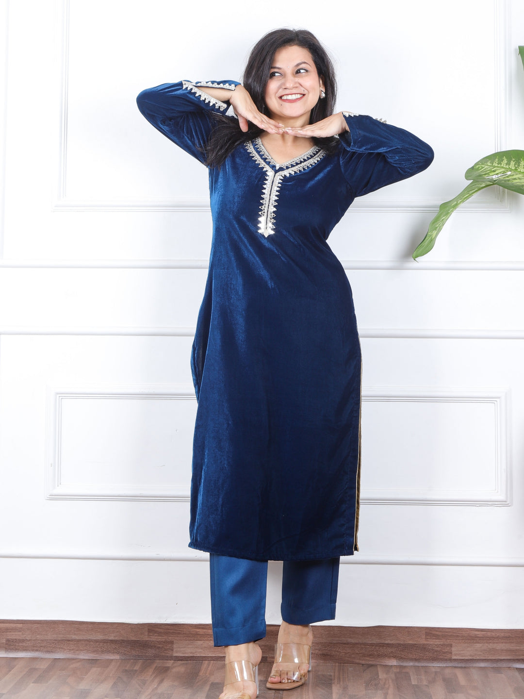 सजना Royal Blue Lace Neck Work Velvet Winter Kurti-D1