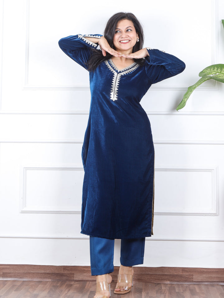 सजना Royal Blue Lace Neck Work Velvet Winter Kurti-D1