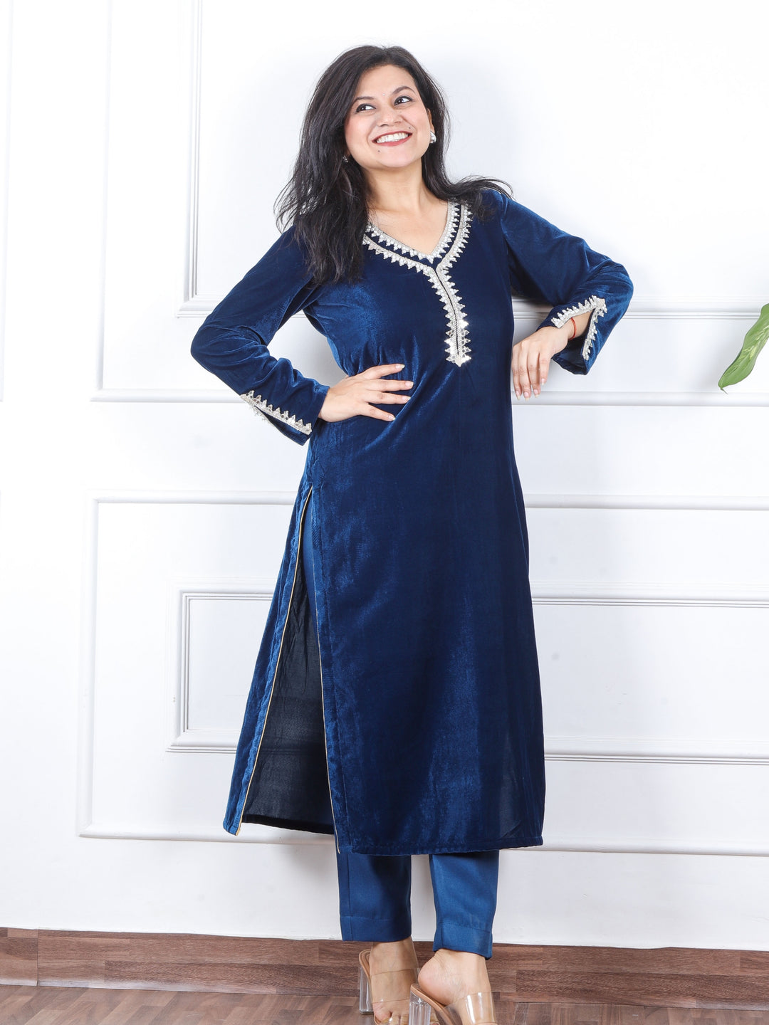 सजना Royal Blue Lace Neck Work Velvet Winter Kurti-D1