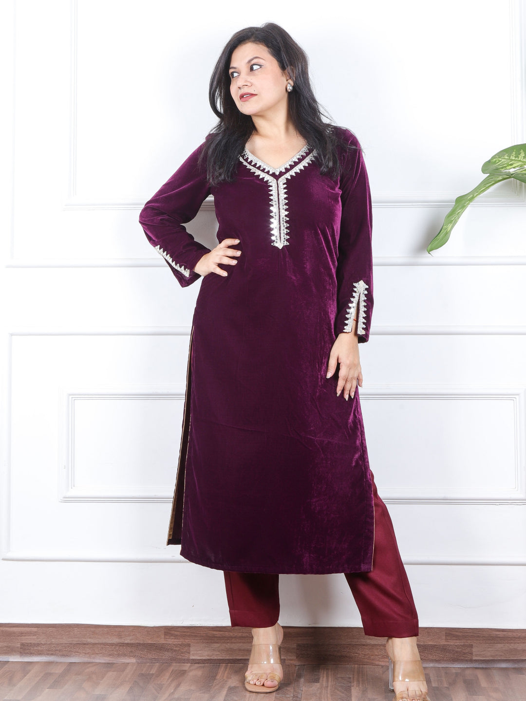 सजना Eggplant Purple Lace Neck Work Velvet Winter Kurti-D1