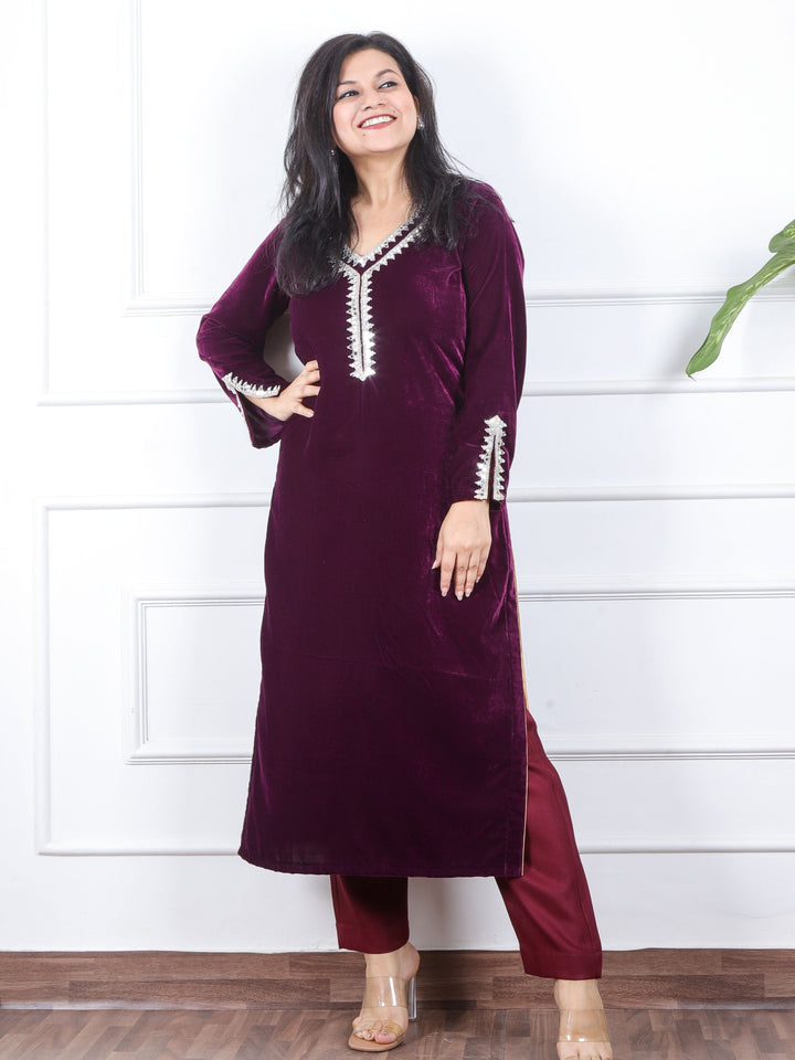 सजना Eggplant Purple Lace Neck Work Velvet Winter Kurti-D1