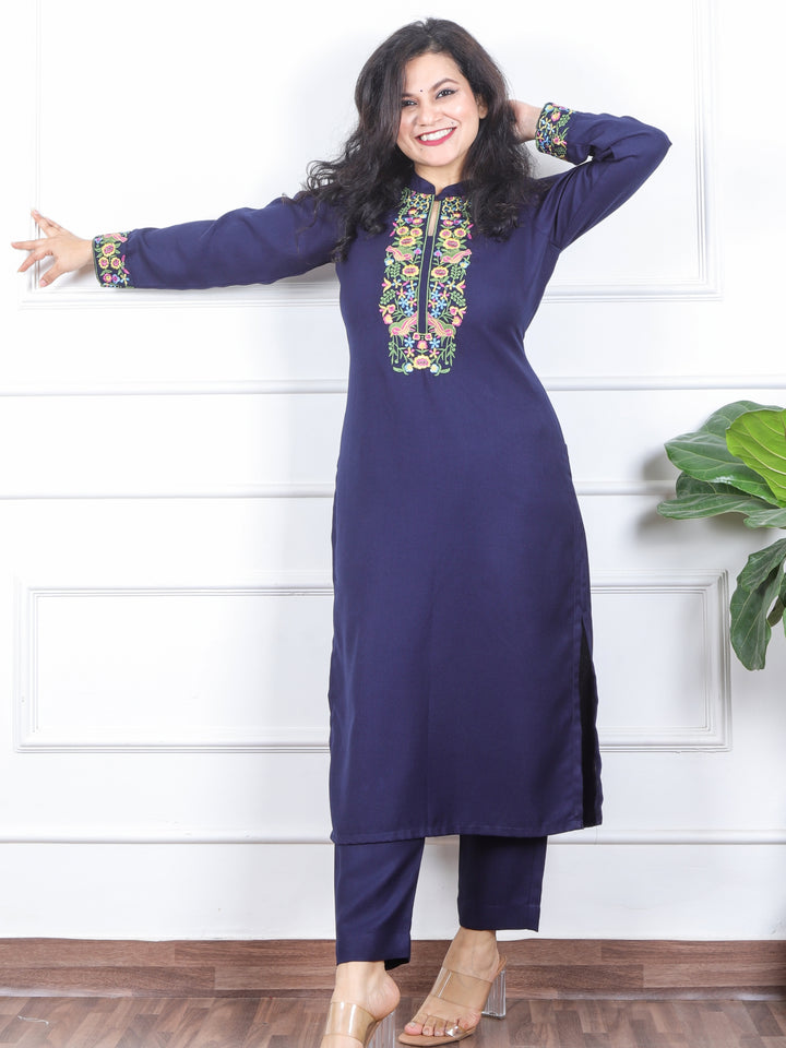 छाया Indigo Blue Thread Embroidered Neck Semi Pashmina Winter Kurti