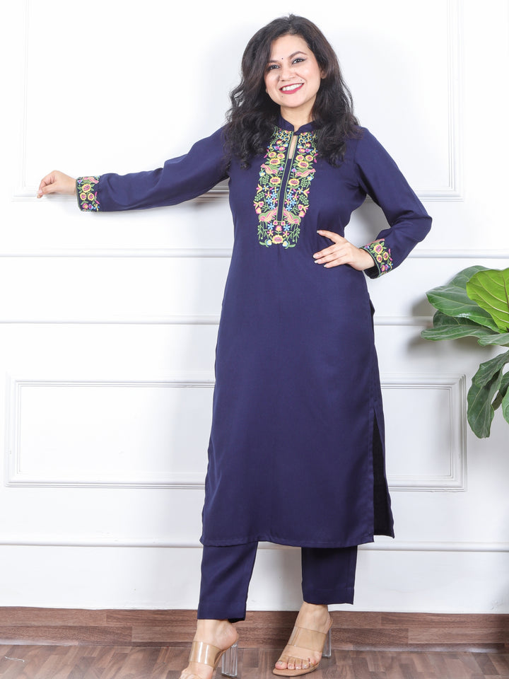 छाया Indigo Blue Thread Embroidered Neck Semi Pashmina Winter Kurti