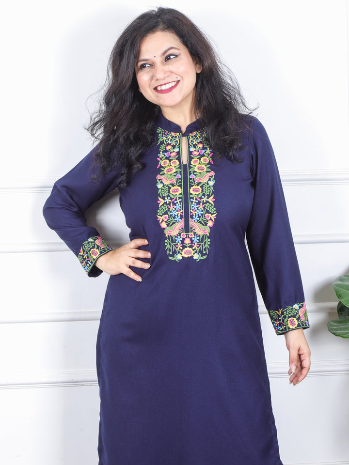 छाया Indigo Blue Thread Embroidered Neck Semi Pashmina Winter Kurti