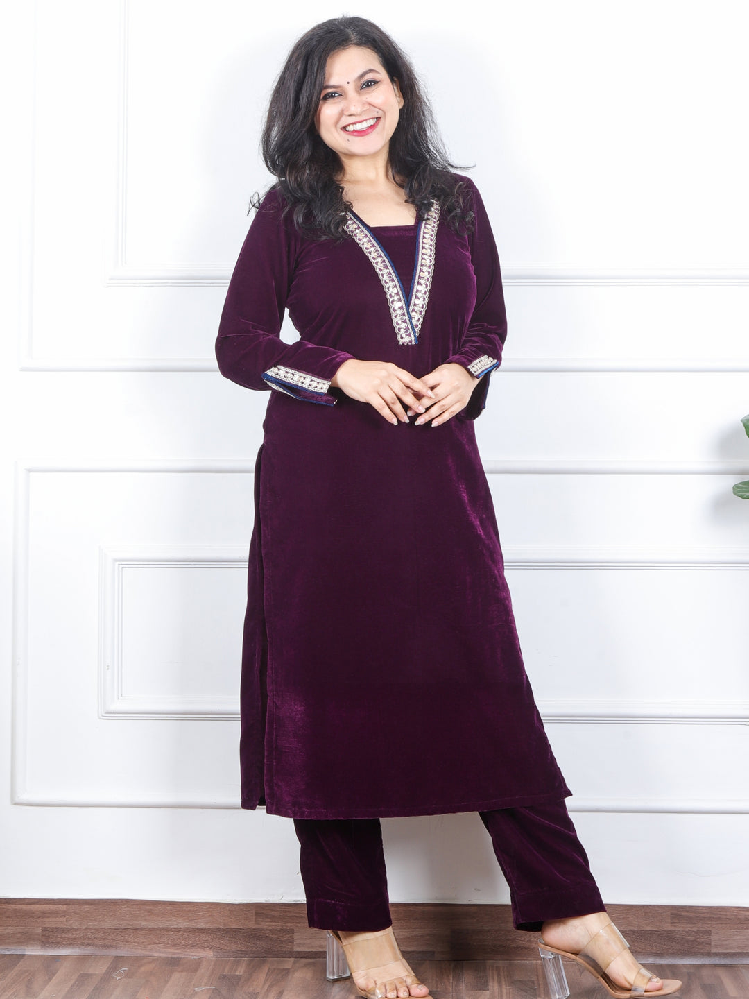 दर्शनी Eggplant Purple V Neck Lace Work Velvet Winter Kurti-D3